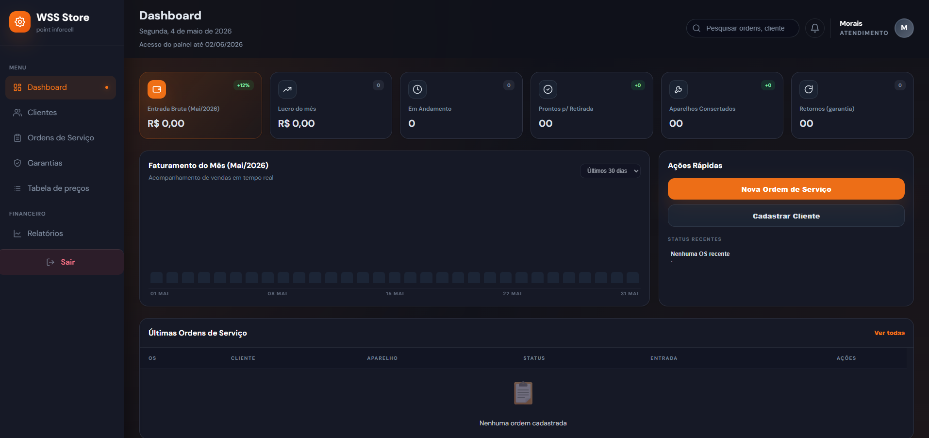 Captura do painel WSS Store Pro — dashboard escuro com cards de métricas, gráfico de faturamento e lista de ordens de serviço.